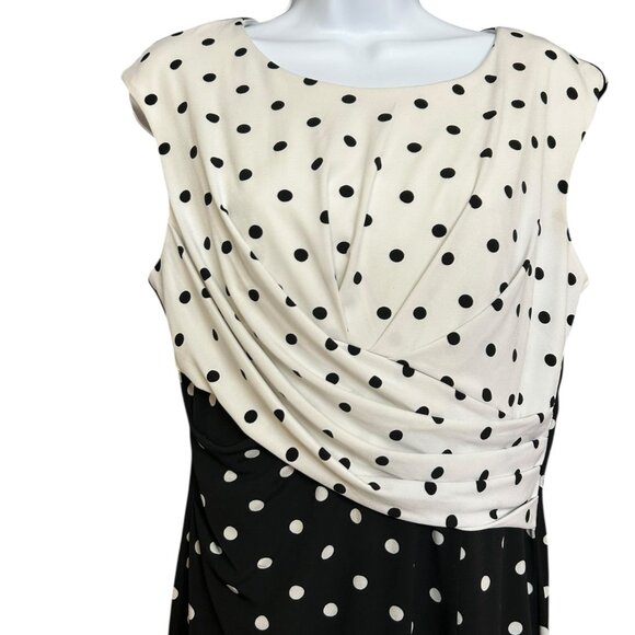 Cleo Black White Polka Dot Ruched Waist Lined Stretchy Career Dress Size M - Picture 2 of 5